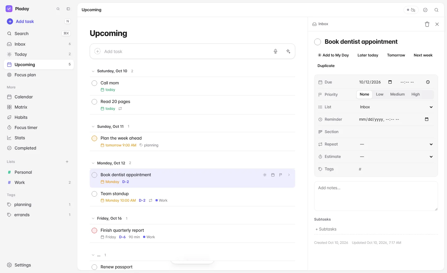 Natural-language quick add — Pladay